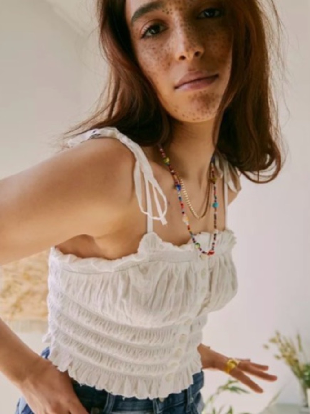 UO White Smocked Button-Front Cami Top with Tie Straps